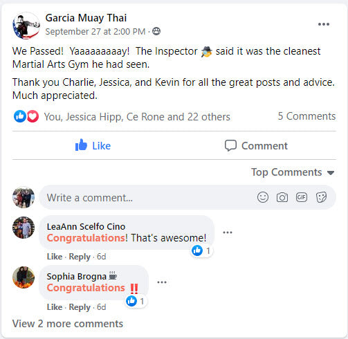 Garcia Muay Thai in Glen Cove, NY reviews Selectrocide 5g Chlorine Dioxide Disinfectant and TrustedSafe Clean-Check Hygiene Testing & Monitoring